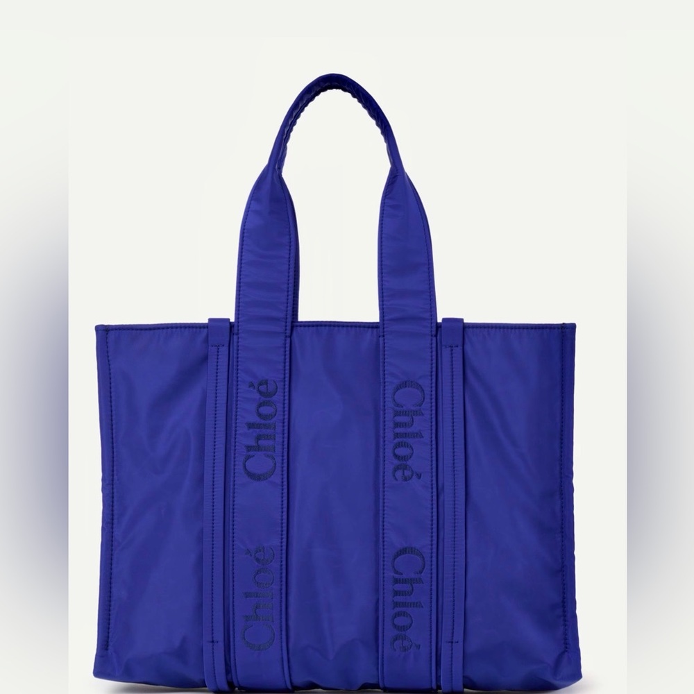 Chloe Woody Large Tote Intense Indigo Nylon Logo Strap Top Handle Bag